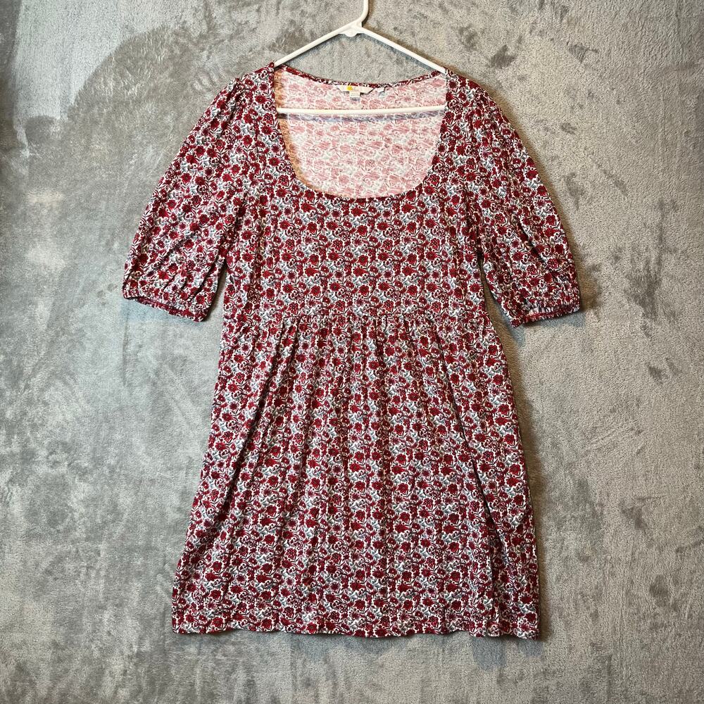 Boden Square Neck Jersey Dress Floral Red Pink Size 12 Petite 100% Cotton